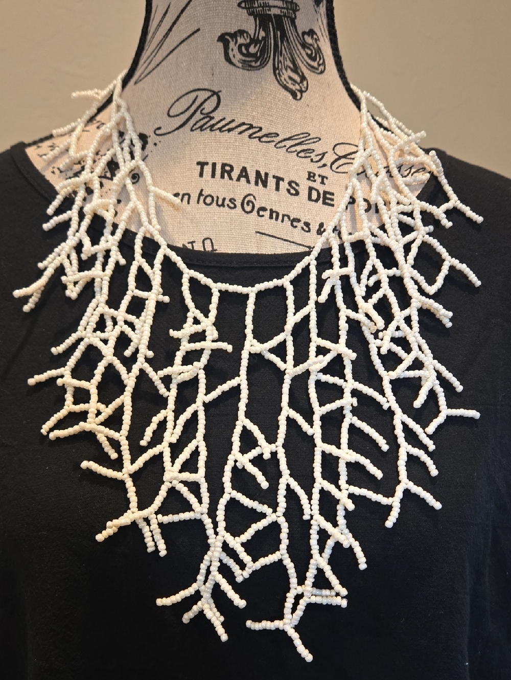 White Beaded Branch Faux Pearl Coral Fringe Statement Necklace